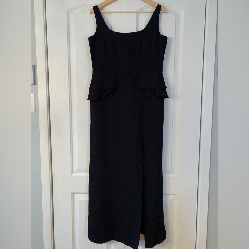 BCBG Maxazria Peplum Maxi Dress Gown Crepe Black Sleeveless Size 12 Lined